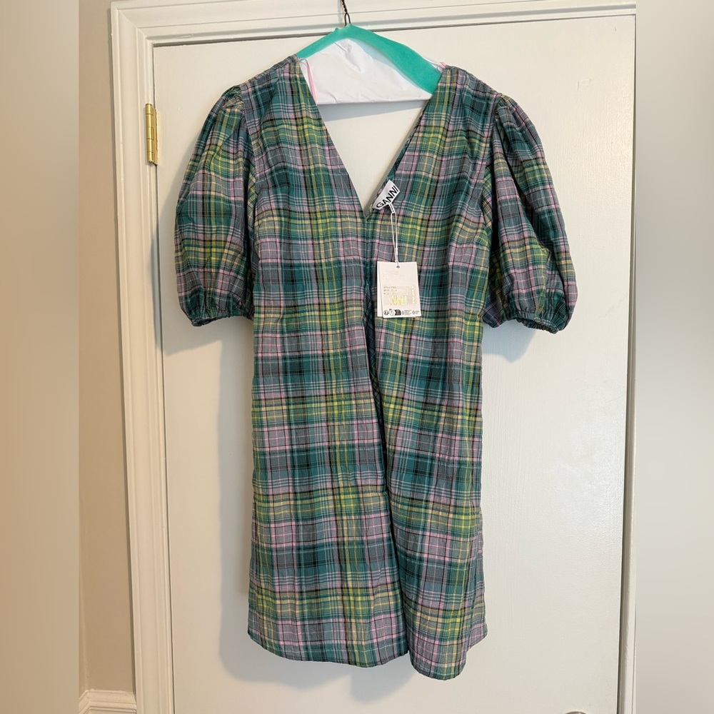 Ganni Plaid Puff Sleeve Dress